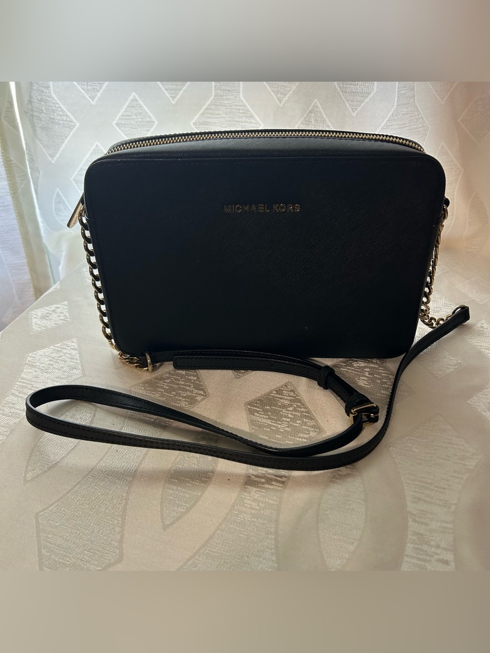 Michael Kors Black Leather Crossbody Bag with Gold Chain